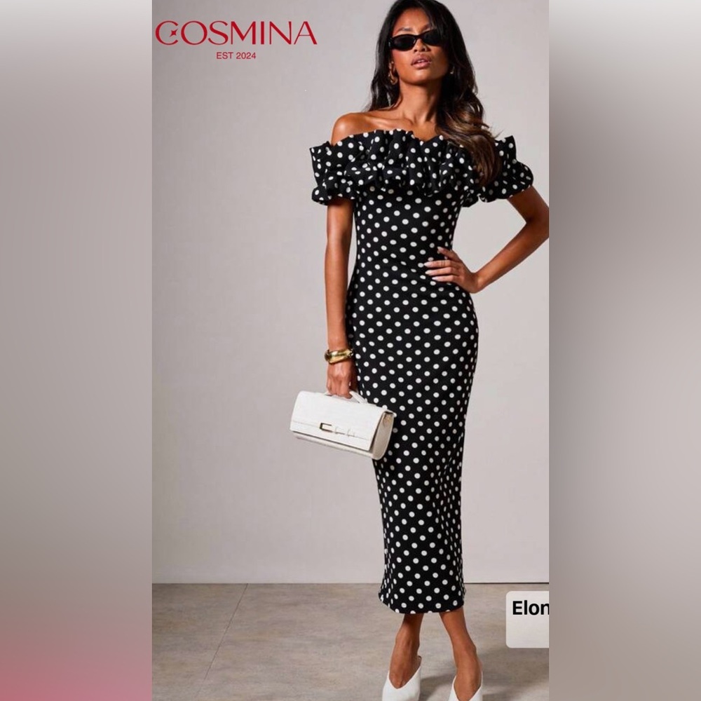 Cosmina Black & White Polka Dot Off-Shoulder Midi Dress